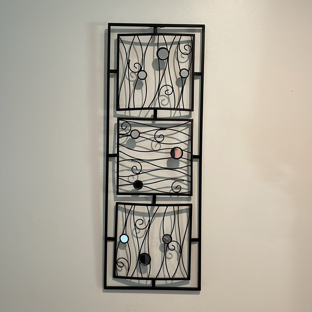 Black Iron Large Panel Wall Hanging with Mirrors & Scrolls Details Decor 33X12”